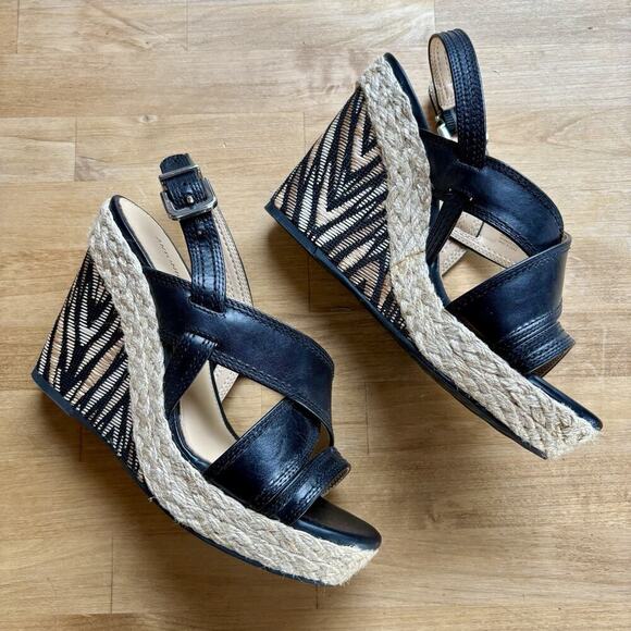 Antonio Melani Beach Boho Woven Wedge Platform Sandals Sz 8.5 Leather Black Boho - Picture 1 of 12